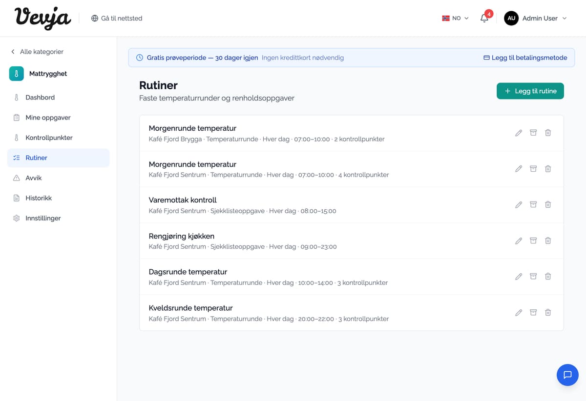Die Routinen mit Zeitfenster und Arbeitsplatz. Vevja erstellt die Aufgaben für jeden Tag automatisch.